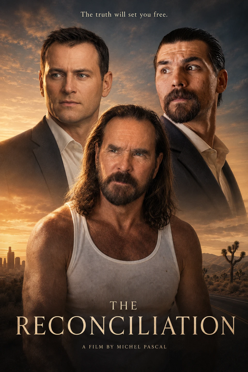 The Reconciliation film poster featuring the three selected actors, with Keith in the foreground, and the title and director credit.